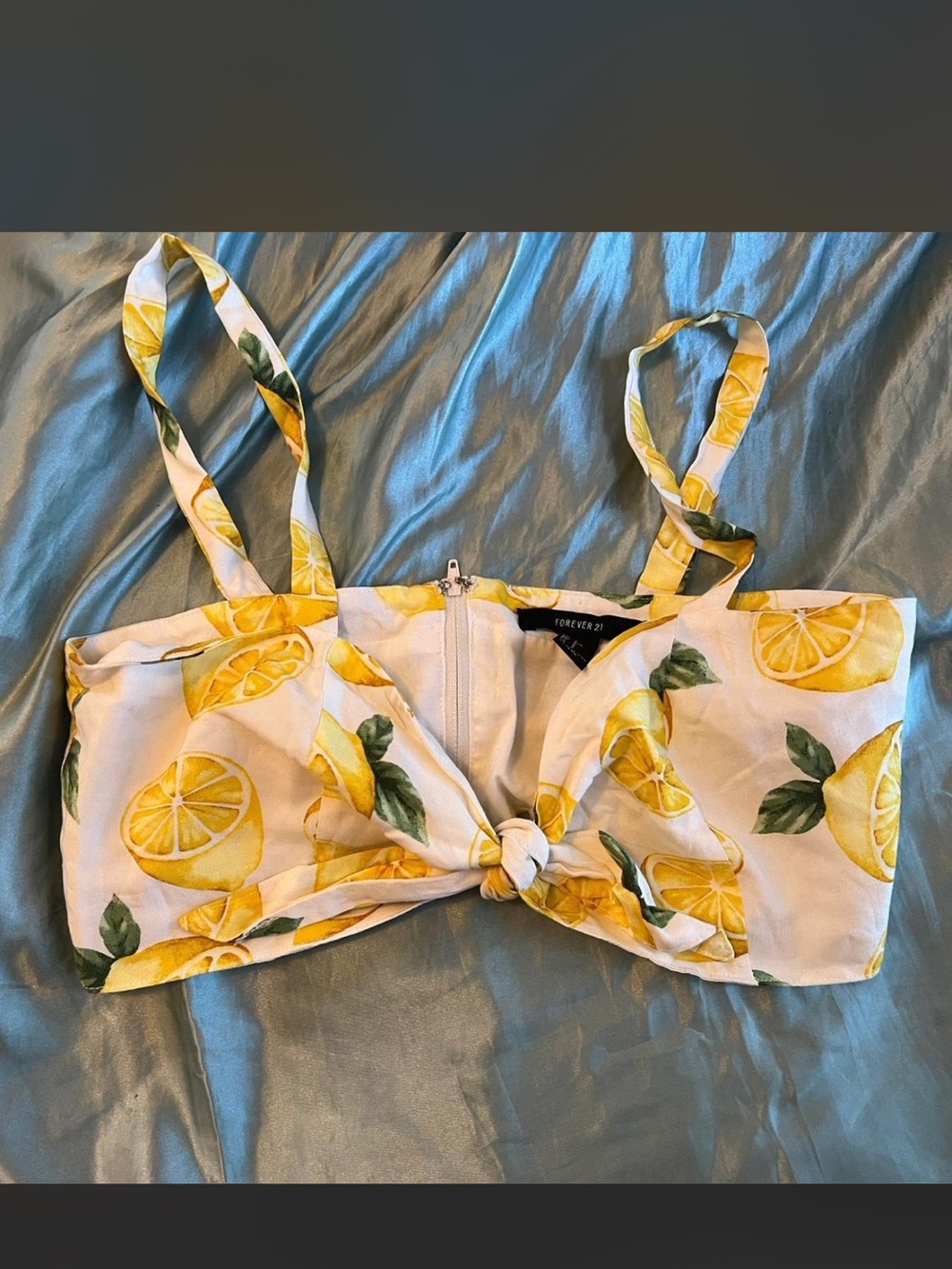 Forever 21 Yellow Lemon Print Tie-Front Crop Top